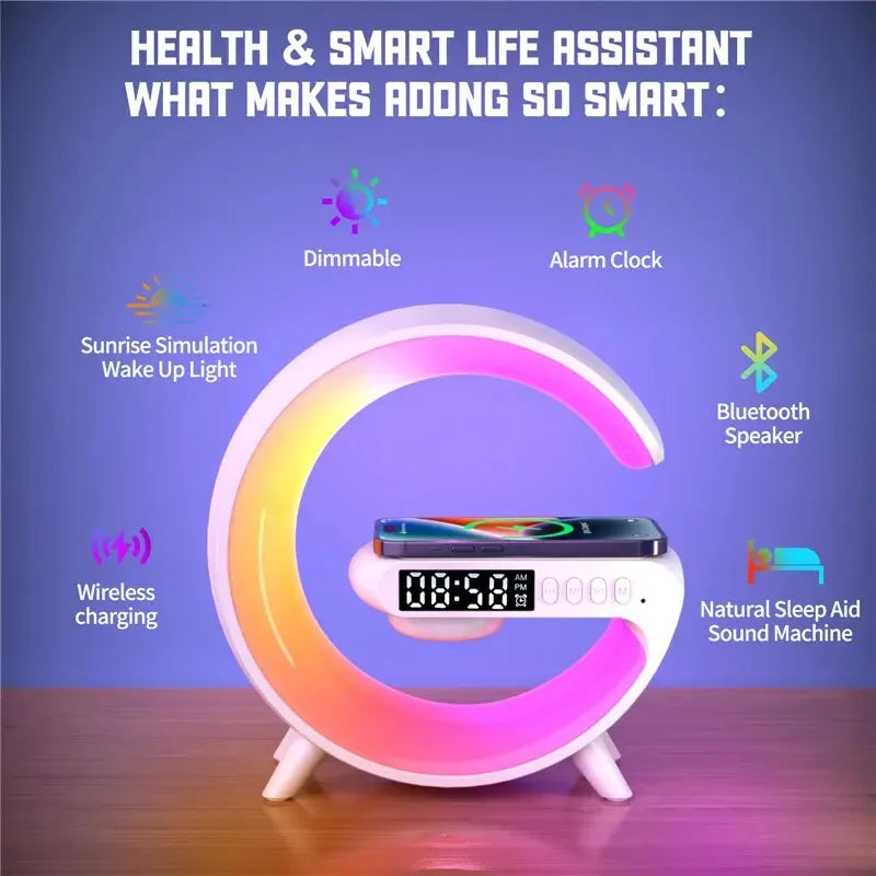 Innovative PowerHub wireless charging station, speaker, RGB night light, and alarm clock