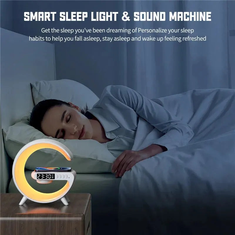 Innovative PowerHub wireless charging station, speaker, RGB night light, and alarm clock